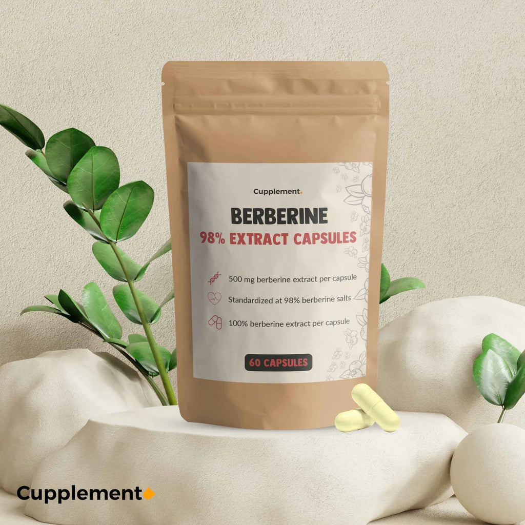 Fles met Berberine Extract Capsules, 400 mg per capsule, 100% natuurlijk en plantaardig, geschikt voor veganisten, afkomstig uit de Berberis Aristata-plant.

