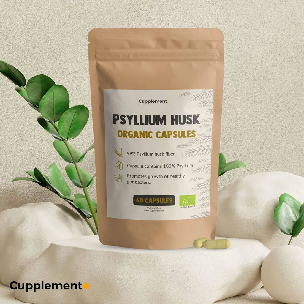 Psylliumvezels Capsules: Close-up van de biologische psylliumvezels capsules in hun verpakking.
