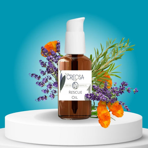 Rescue Oil van Creosa helpt bij huidirritaties met een natuurlijke, biologische formule van lavendel, tea tree en goudsbloemolie.
